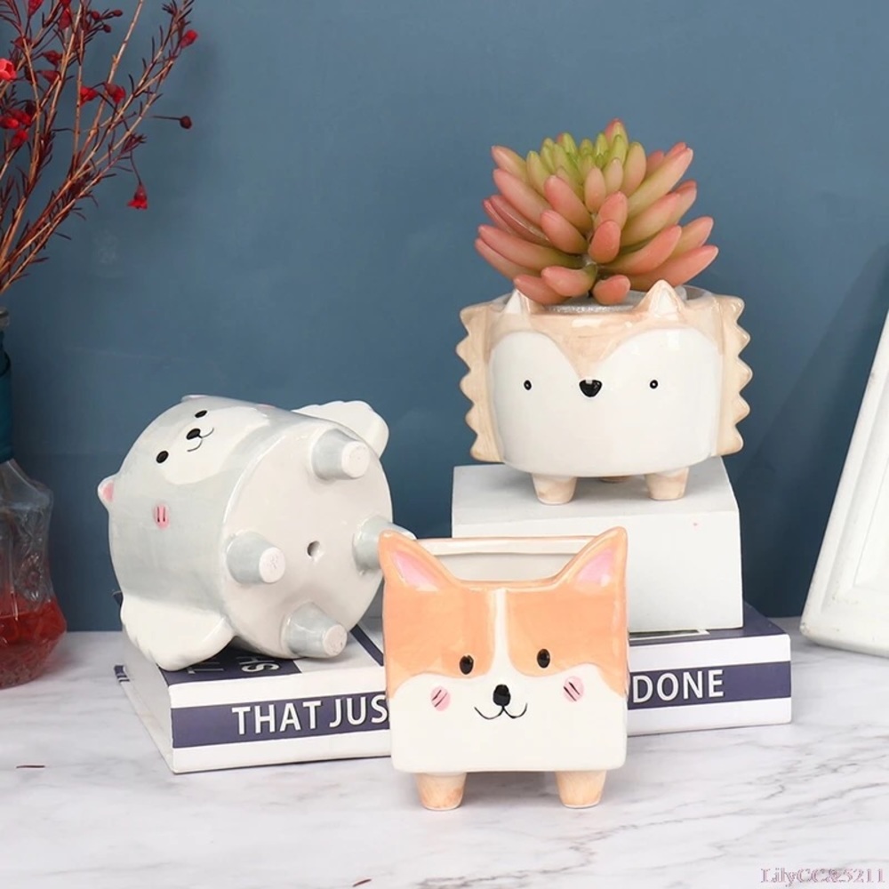 Succulent pot plant rabbit shiba ceramic garden home decor cute animal cartoon - Picture 9 of 9